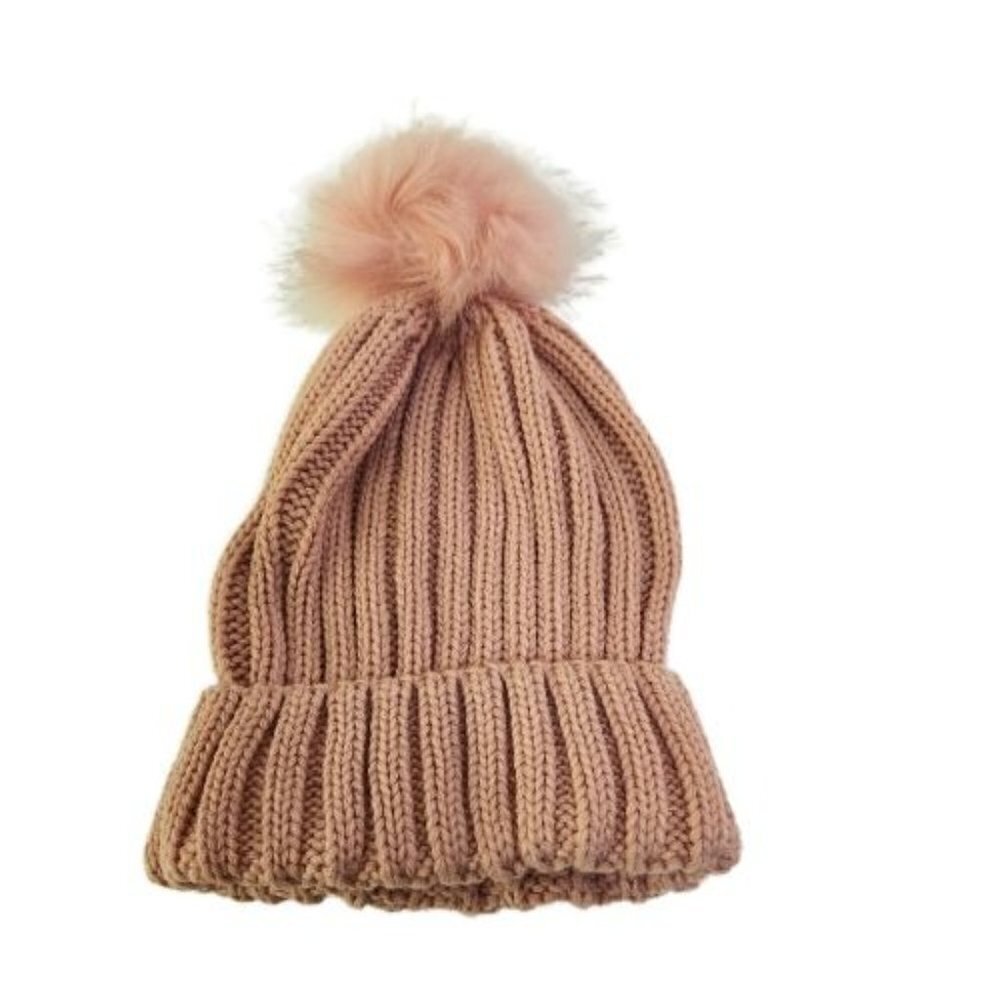 Pale Pink CableKnit Faux Fur Pom Knit Beanie One Size